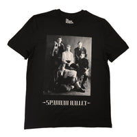 Black t-shirt with a vintage-style photo and text on a plain background