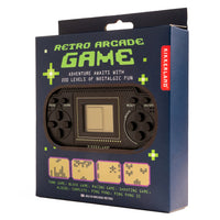 A black retro handheld arcade game with a digital screen inside dark blue packaging.