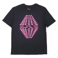 Black t-shirt with pink 'Blitz' text design on a white background