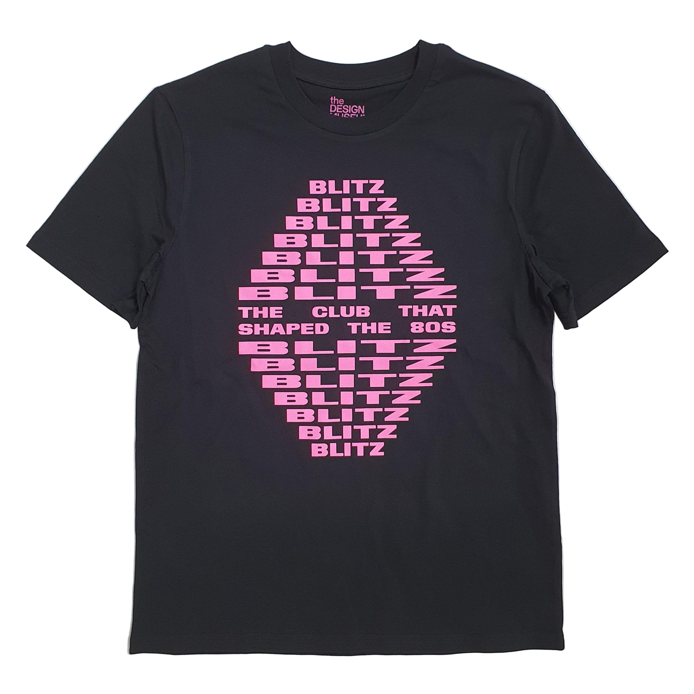 Black t-shirt with pink 'Blitz' text design on a white background