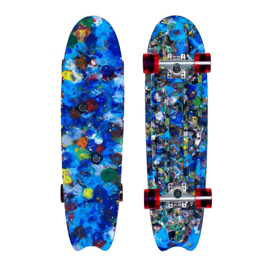blue skateboard with red wheels