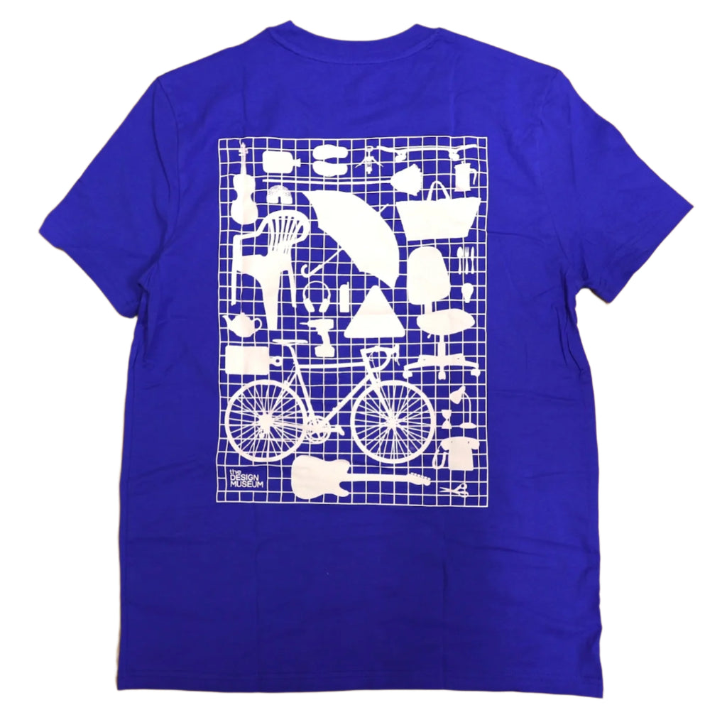 back picture of blue adults short sleeved t-shirt showing monochrome image of the Design Museum's crowdsourced wall on its back centre, printed in white.