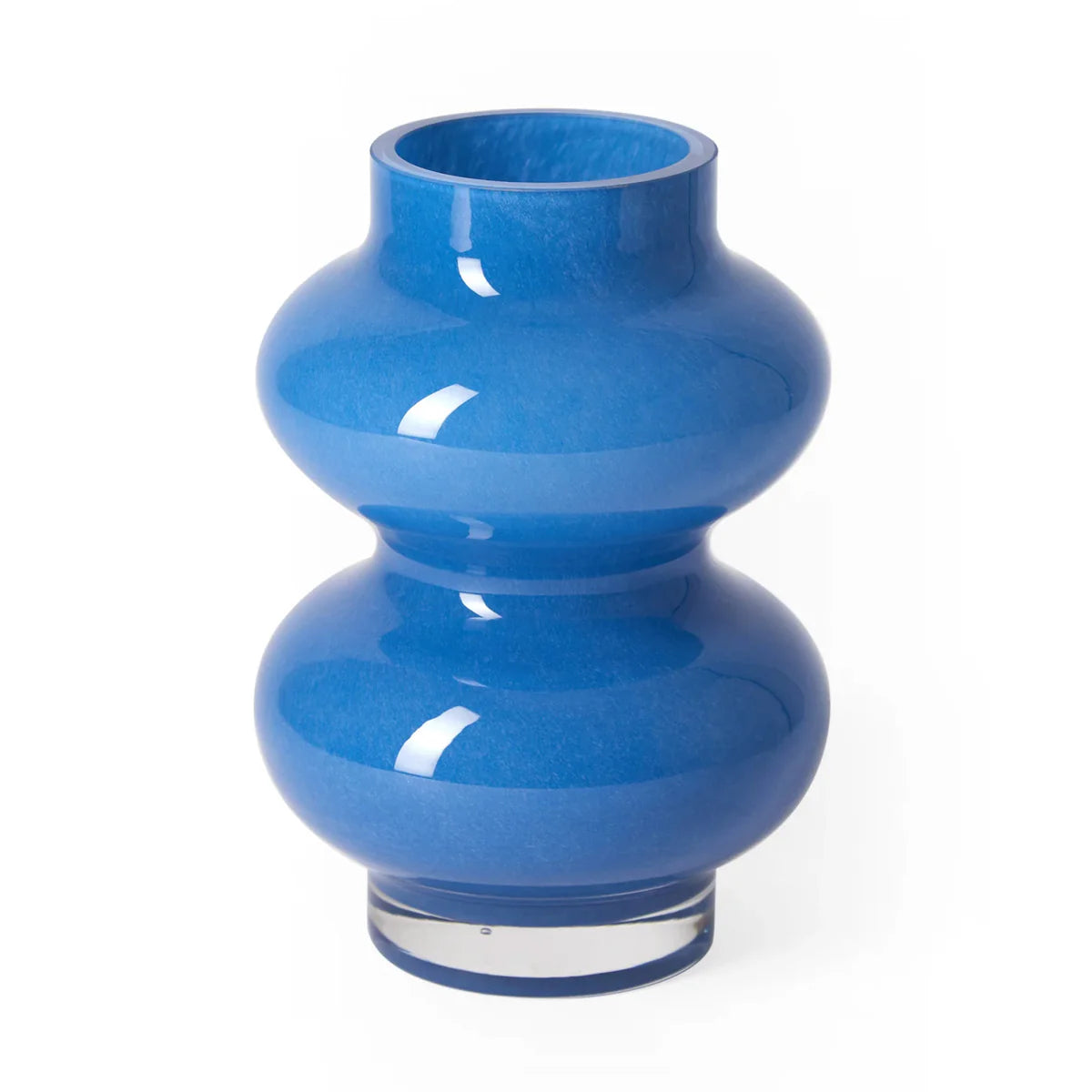 Blue Cornflower Glass Vase - 25cm blue vase that looks like the Michelin Man, picture on white background

