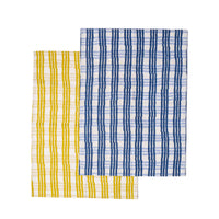 Blue and Yellow Trellis Tea Towel Set of 2 - the set on white background.