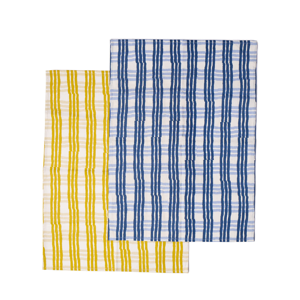 Blue and Yellow Trellis Tea Towel Set of 2 - the set on white background.