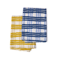 Blue and Yellow Trellis Tea Towel Set of 2 - the set folded on white background.