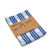 Blue and Yellow Trellis Tea Towel Set of 2 - on its package on white background.