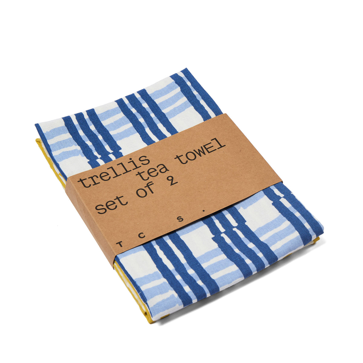 Blue and Yellow Trellis Tea Towel Set of 2 - on its package on white background.