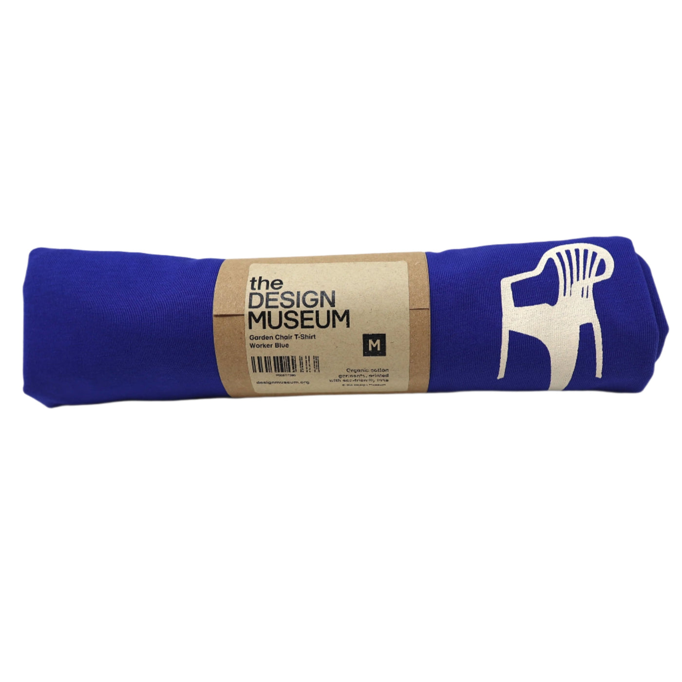 Blue adult's short sleeved t-shirt featuring a small minimalistic monochrome image of a monobloc chair on its front top left side, printed in white. in this picture item is rolled into its original packaging as it is sold in the shops.