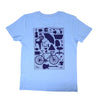 back picture of light pastel blue kids short sleeved t-shirt featuring a monochrome image of a the Design Museum's crowdsourced wall on its back centre.