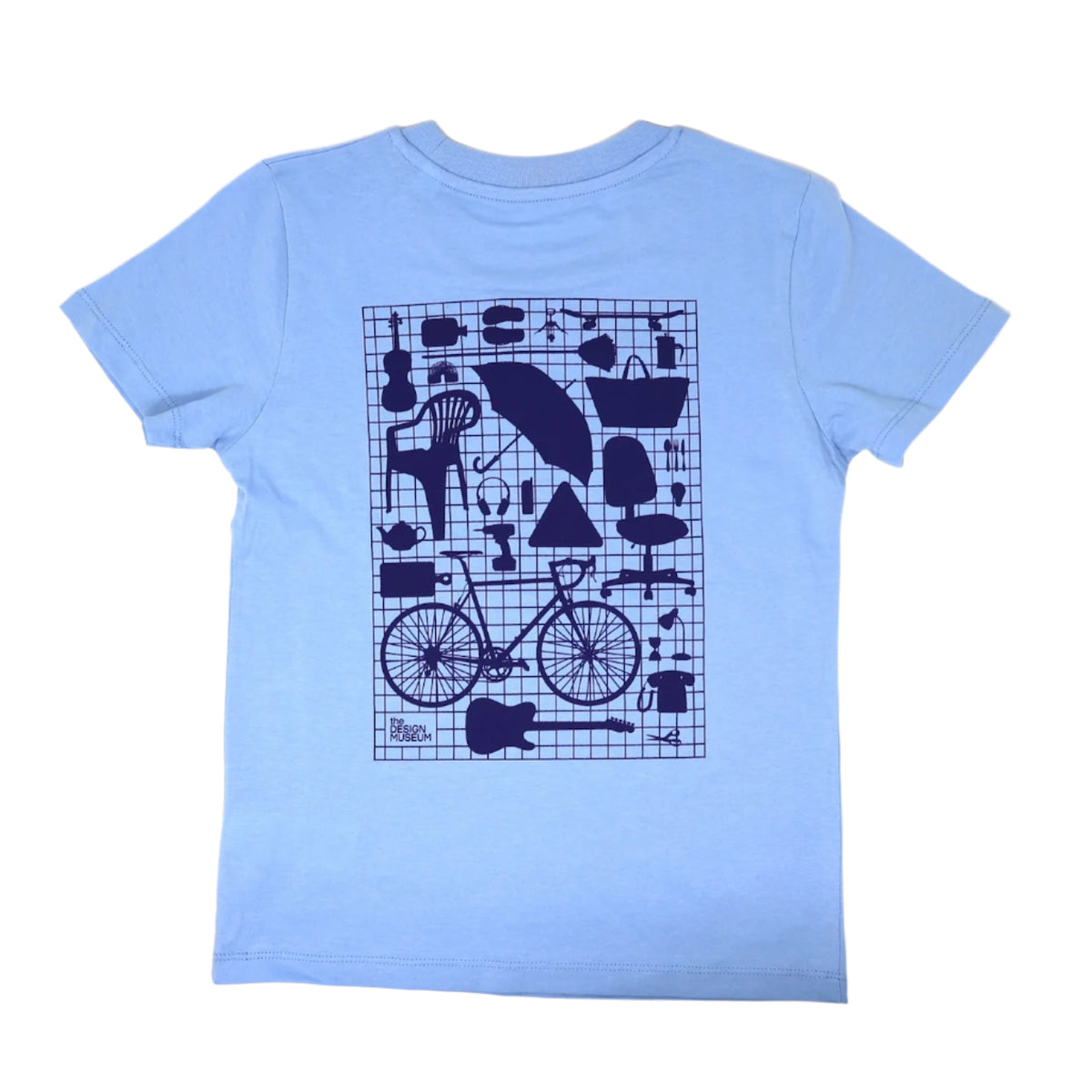 The back of a pastel blue kids short sleeved t-shirt featuring a monochrome image of a the Design Museum's crowdsourced wall in dark blue.