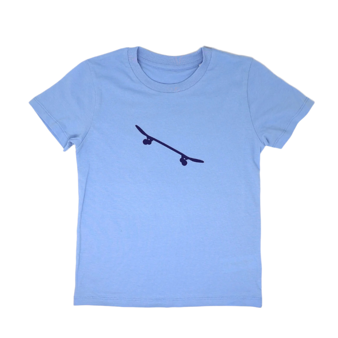 light pastel blue kids short sleeved t-shirt featuring a minimalistic monochrome image of a skateboard on its front centre, printed in dark blue.