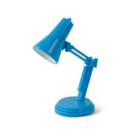 A small blue desk lamp with a adjustable neck, capable of standing alone or clipping onto a book.