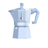 Light blue Bialetti coffee maker on a light gray background