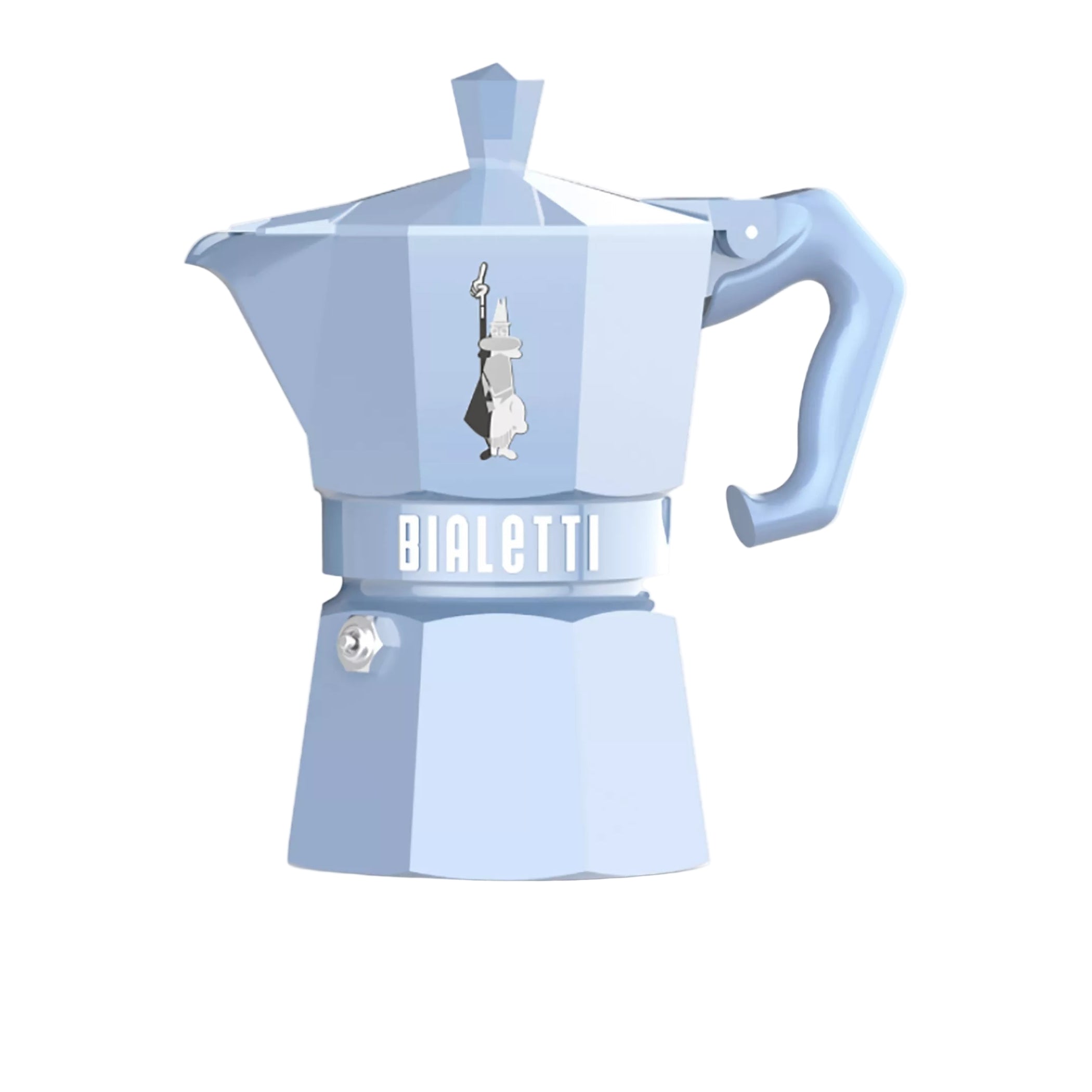 Light blue Bialetti coffee maker on a light gray background