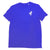 Blue adult's short sleeved t-shirt featuring a small minimalistic monochrome image of a monobloc chair on its front top left side, printed in white.