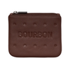 bourbon biscuit shaped leather coin wallet purse with zipper on white background.