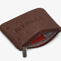 bourbon Biscuit shaped coin wallet with zipper by Yoshi viewed on sideways showing internal.