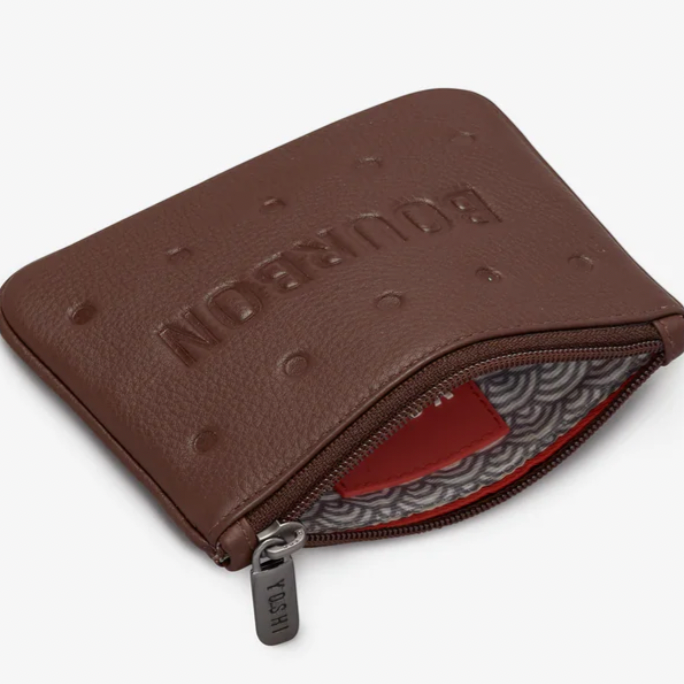 bourbon Biscuit shaped coin wallet with zipper by Yoshi viewed on sideways showing internal.