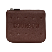 bourbon biscuit shaped leather purse with zipper on a white background.