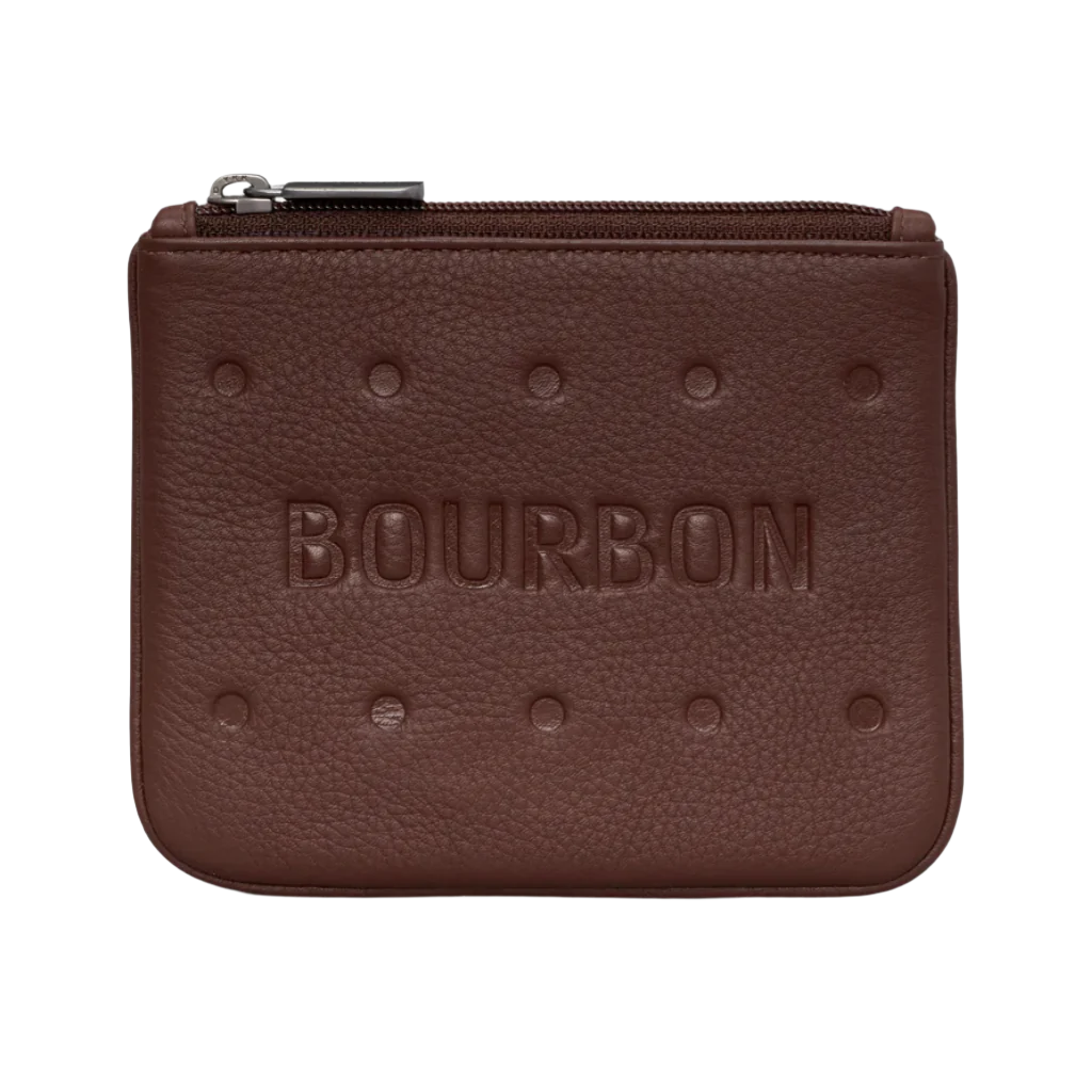 bourbon biscuit shaped leather purse with zipper on a white background.