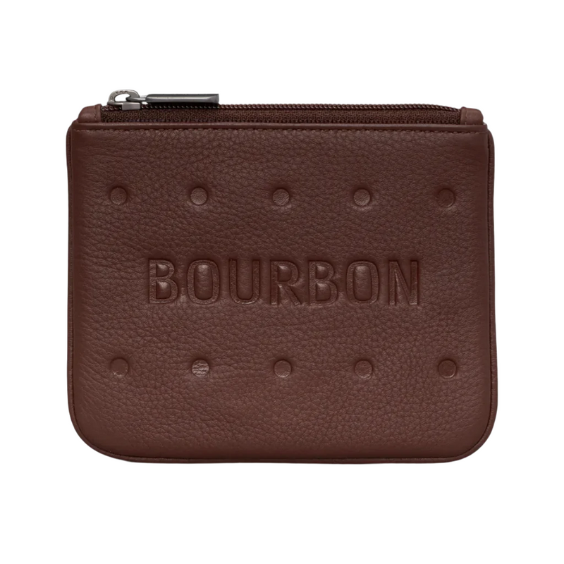 bourbon biscuit shaped leather purse with zipper on a white background.