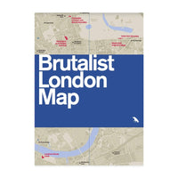 A double-sided folding map titled Brutalist London Map with highlighted areas indicating iconic Brutalist buildings.