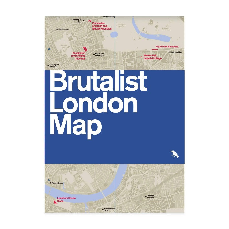 A double-sided folding map titled Brutalist London Map with highlighted areas indicating iconic Brutalist buildings.