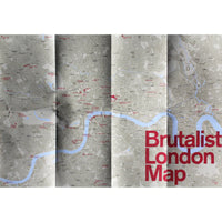 A grey map of London highlighted with locations of Brutalist buildings. 