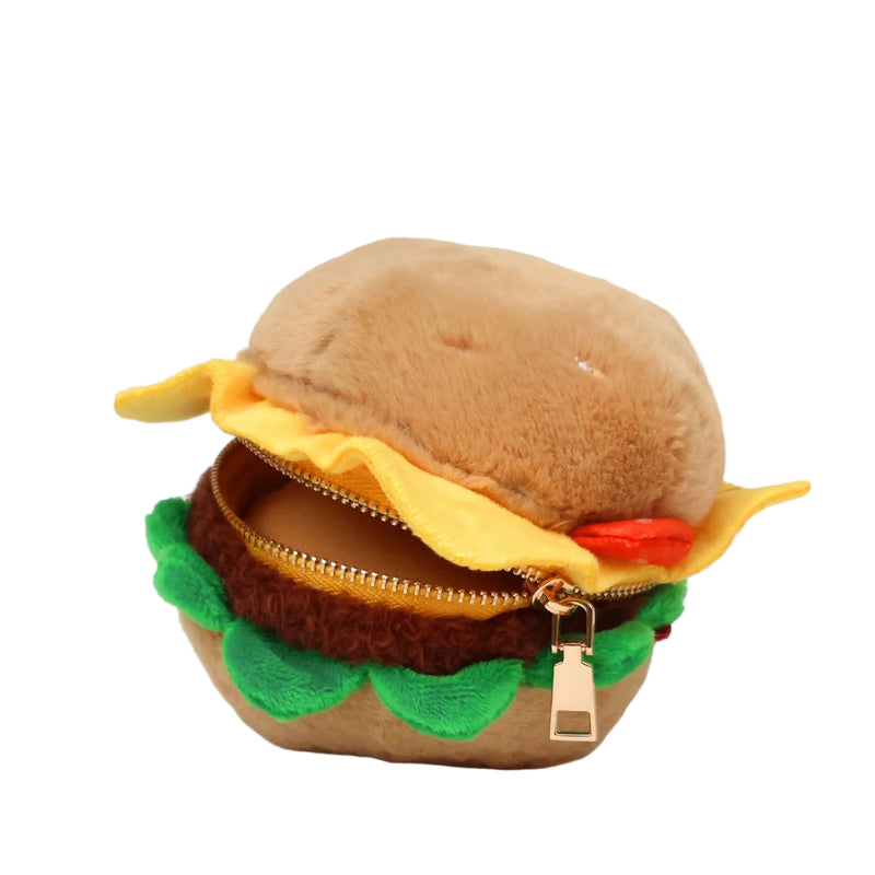 Plush burger shaped pouch with a gold zip