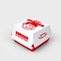 White and red burger takout box with 'Burger' text on a light gray background