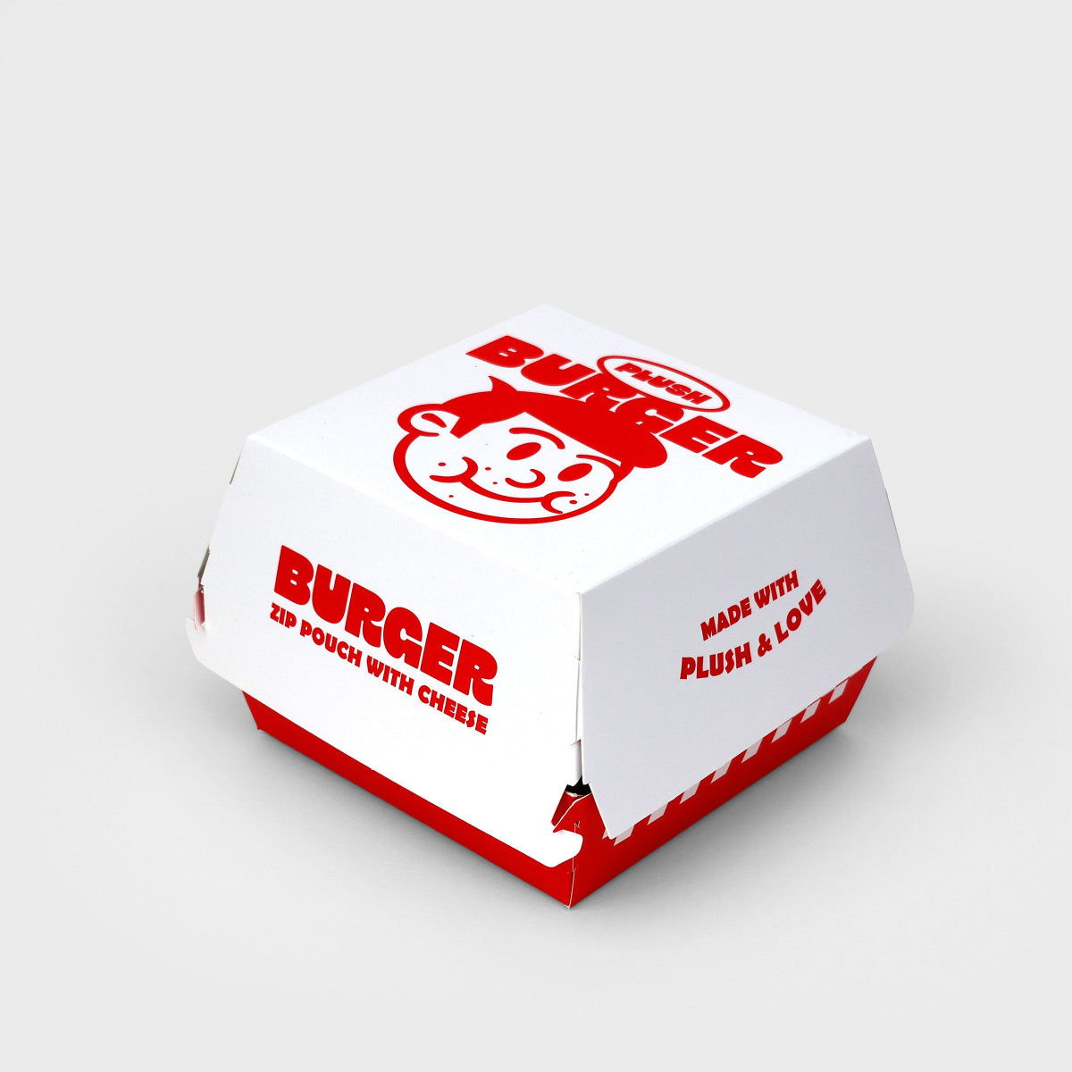 White and red burger takout box with 'Burger' text on a light gray background