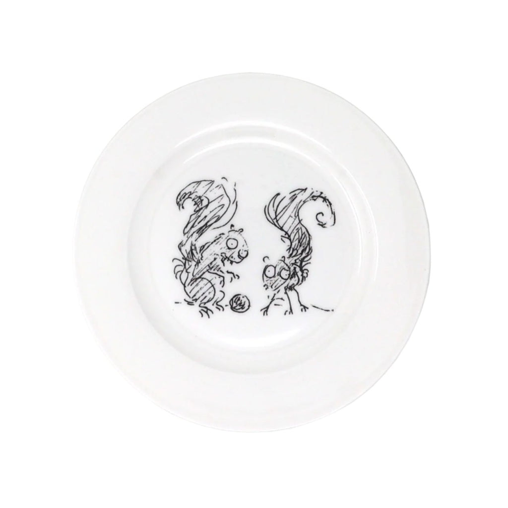 White fine china plate with squirrel illustrations by Tim Burton