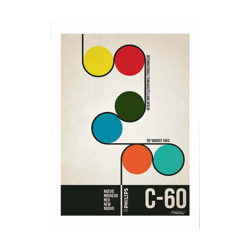 A vintage style poster featuring colorful circles and the text 'C-60' related to the 1963 Berlin Radio Show advertisement for a cassette player.
