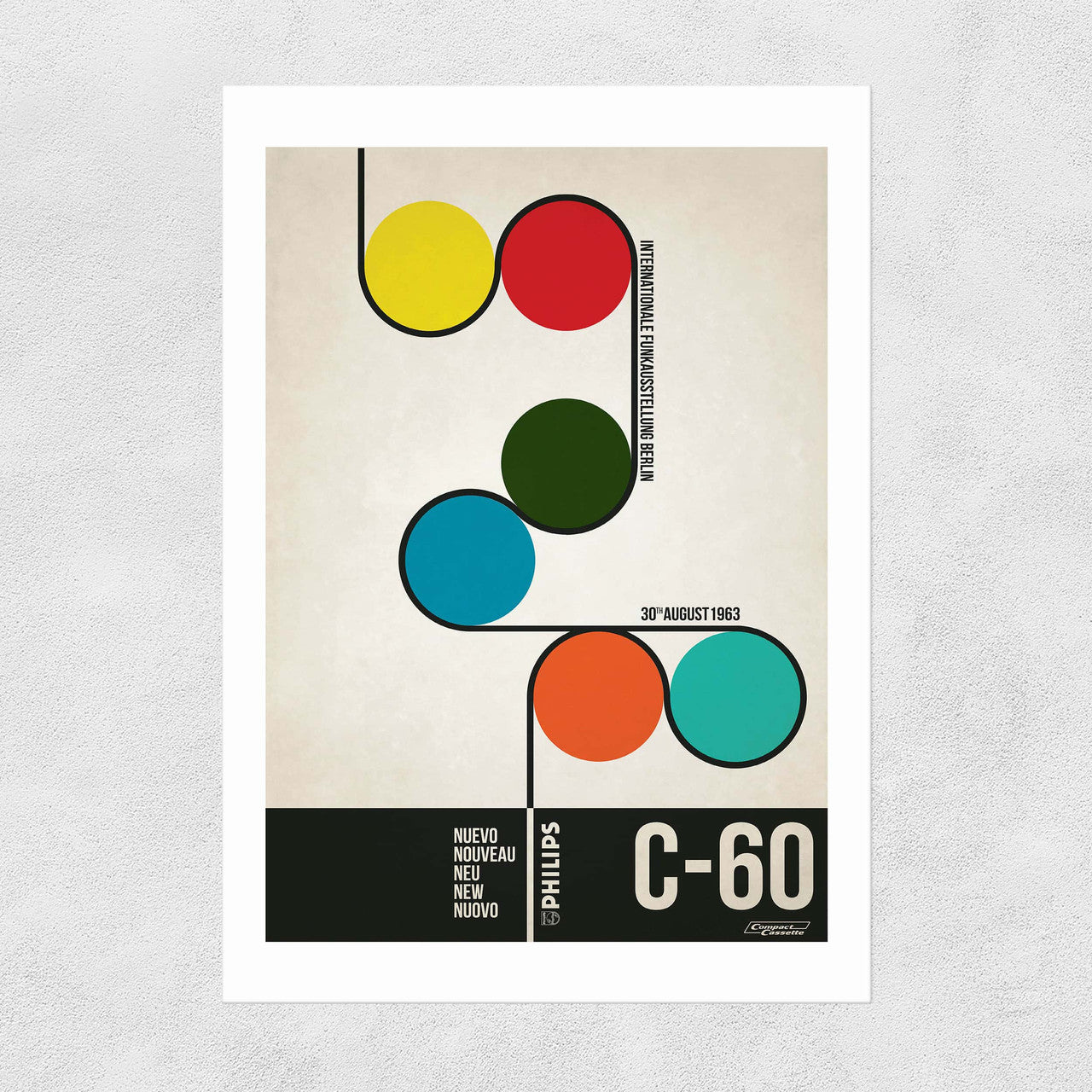 A vintage style poster featuring colorful circles and the text 'C-60' related to the 1963 Berlin Radio Show advertisement for a cassette player.
