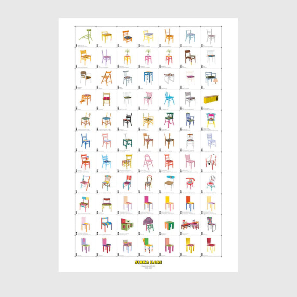 Print of a collection of colourful chairs on a white background