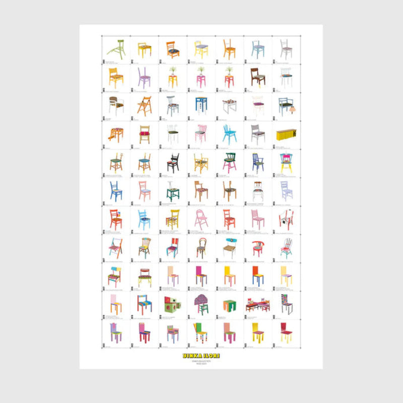 Print of a collection of colourful chairs on a white background