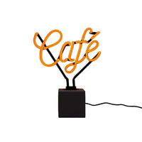 Neon sign with the word 'Café' on a white background
