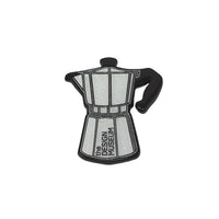 Black and white Moka pot-shaped object with 'The Design Museum' text on a white background
