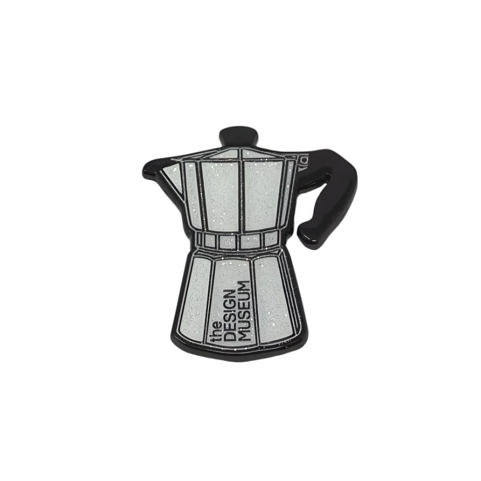 Black and white Moka pot-shaped object with 'The Design Museum' text on a white background