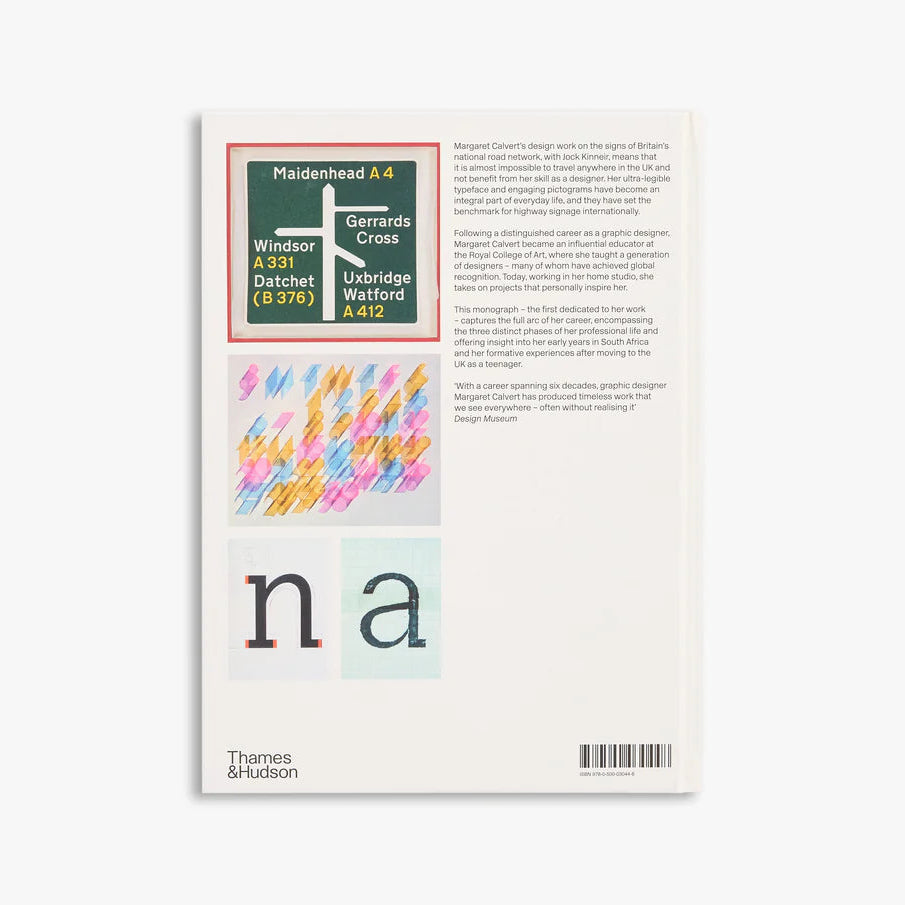 Back cover of Margaret Calvert book with text and colorful graphics on a white background