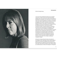 Inside page of a book featuring a black and white portrait of Margaret Calvert with text on the right side.