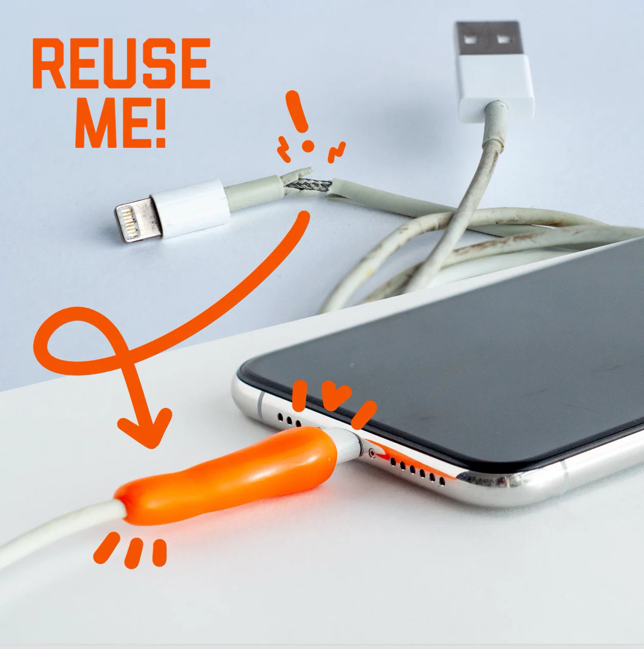 Phone with a damaged charging cable and text 'REUSE ME!' on a light gray background