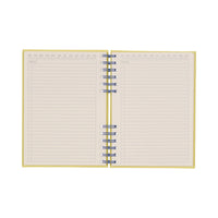 Open spiral-bound notebook with lined pages on a white background