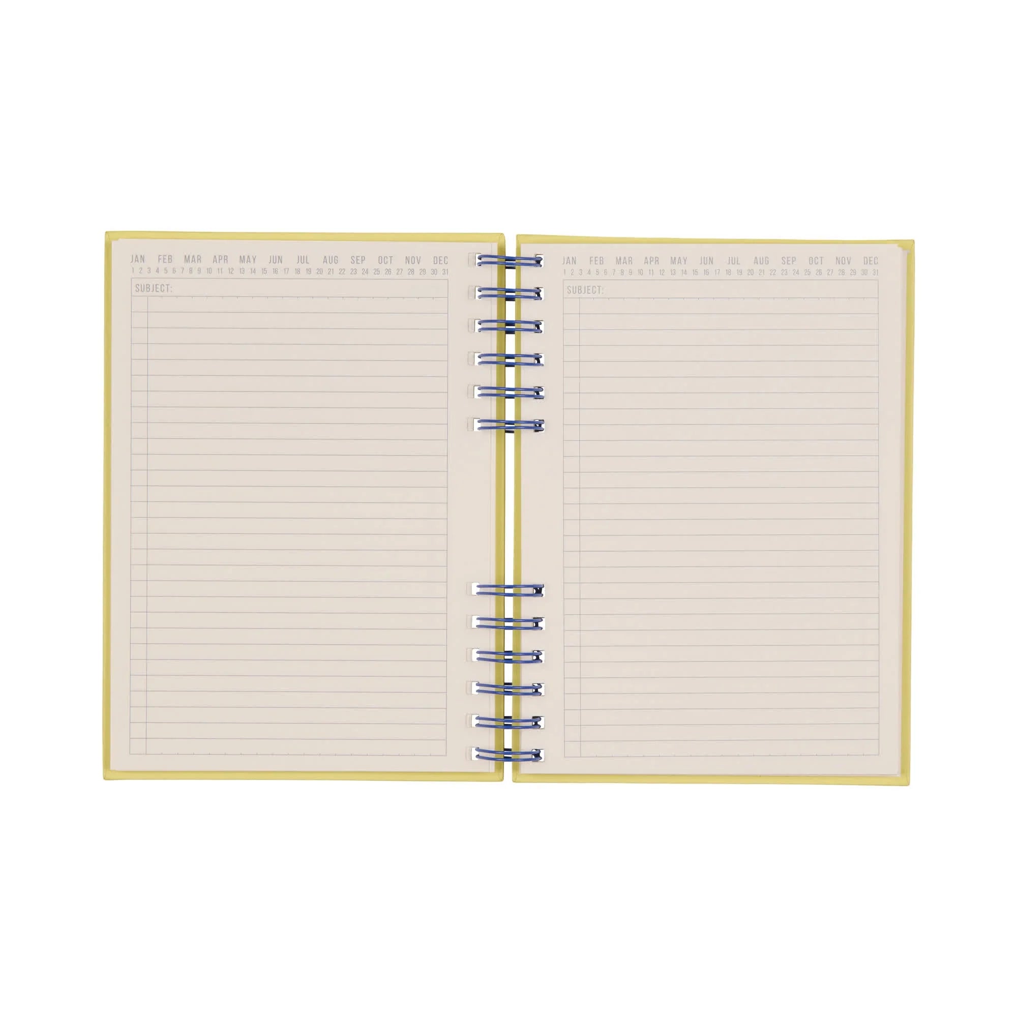 Open spiral-bound notebook with lined pages on a white background
