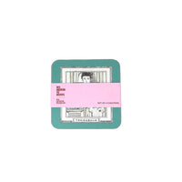 Set of 4 coasters packaging with a pink label on a white background