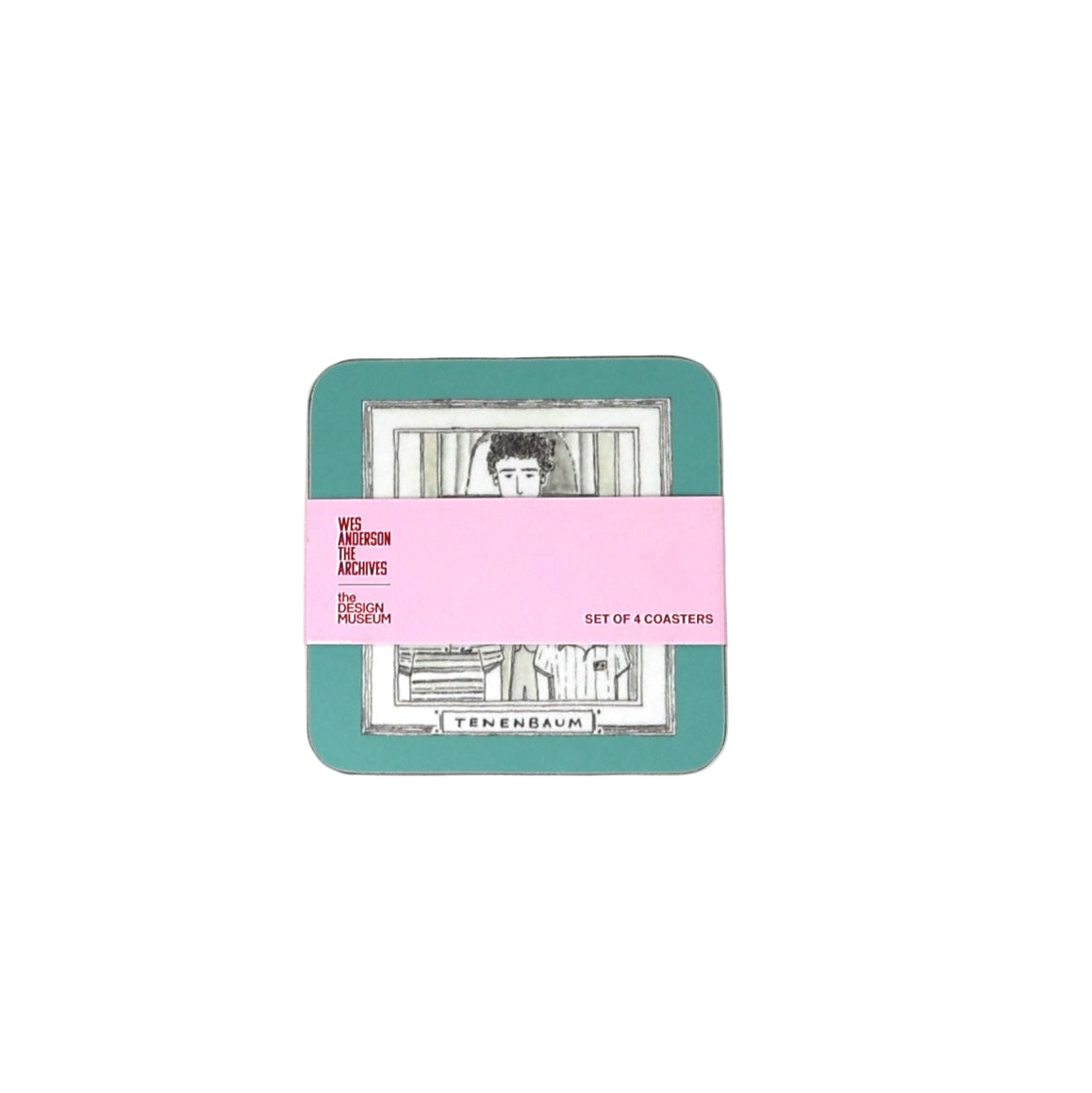 Set of 4 coasters packaging with a pink label on a white background