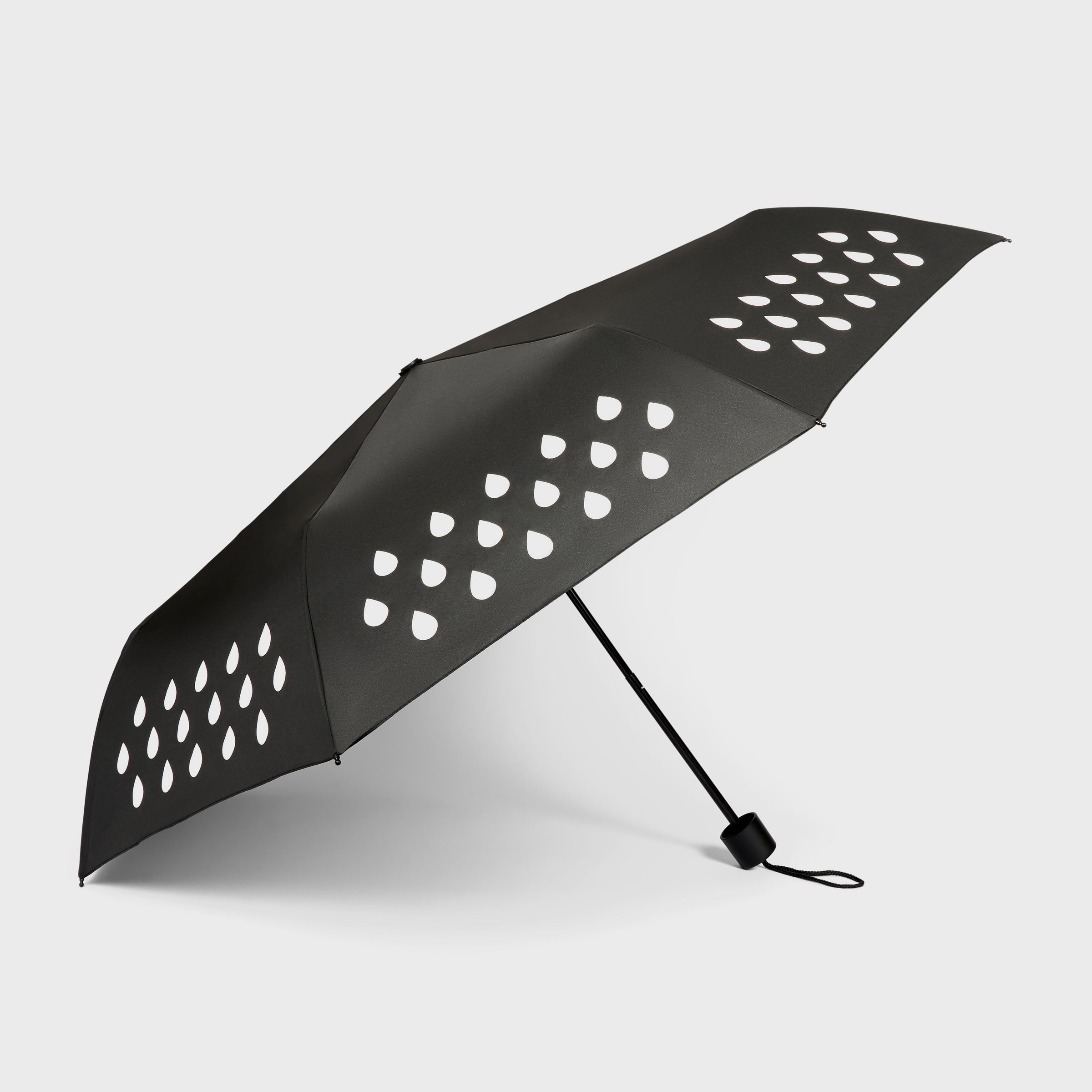 An open colour changing umbrella with a white raindrop pattern on a black background.