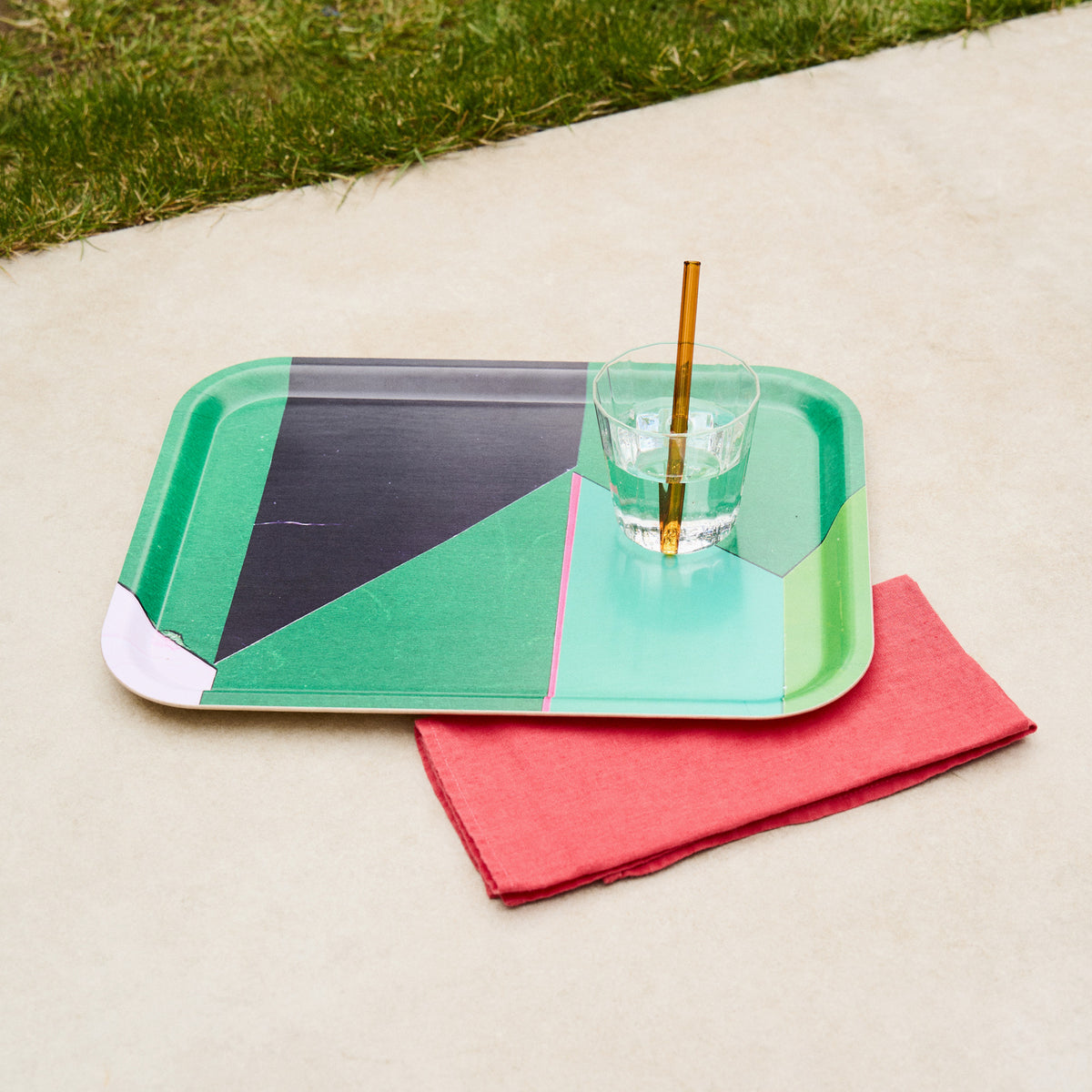 Constantin B11 Tray - 36 x 28cm - with glass of water and glass straw and tea towel.