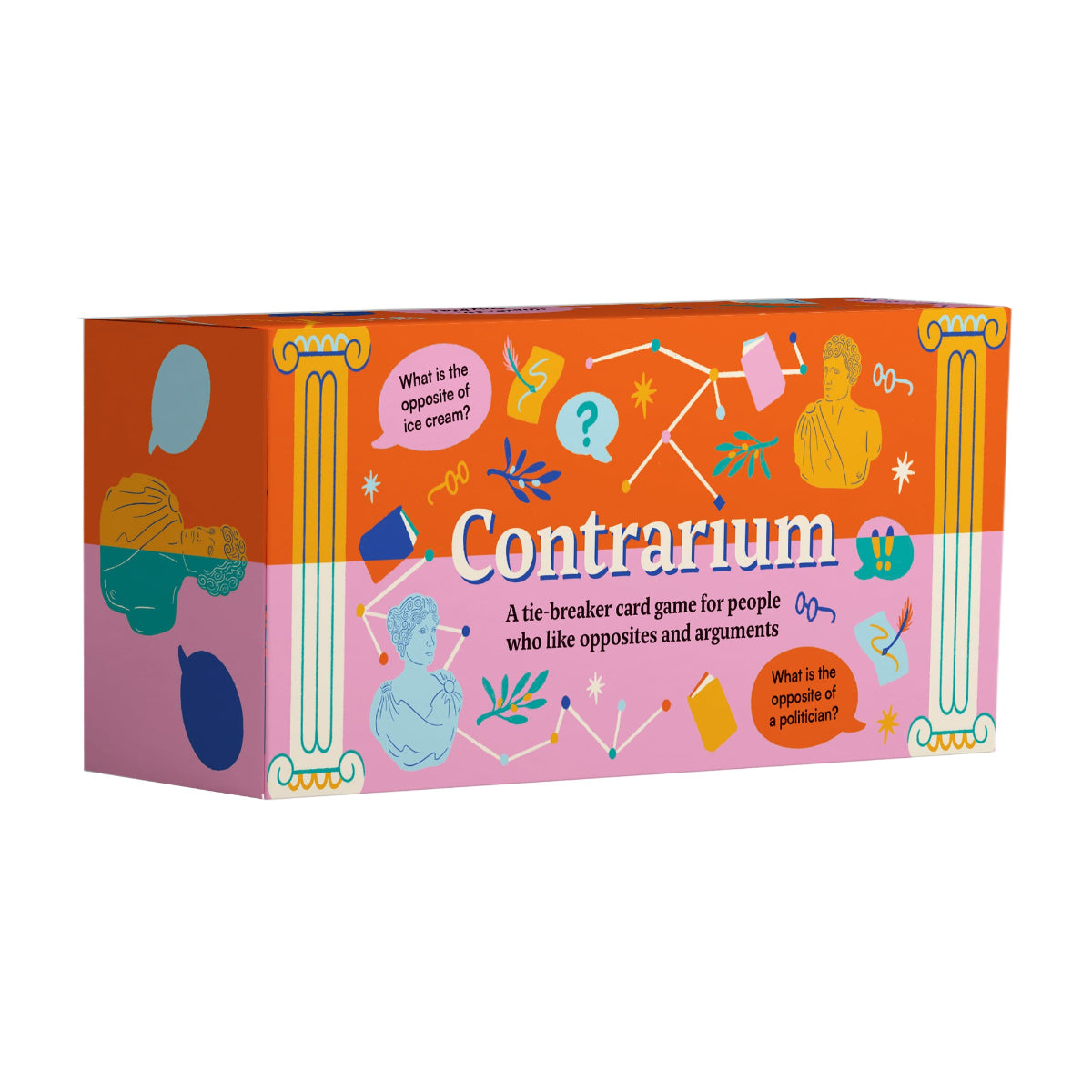 Box of Contrarium game with a yellow and orange design featuring illustrations of Ancient Greek pillars and busts and the title. 